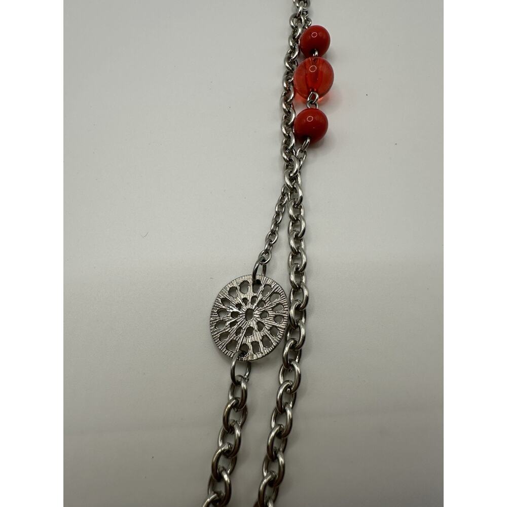Silver Tone Multi Strand Chain Necklace With Red Plastic Beads 40” - Picture 3 of 8